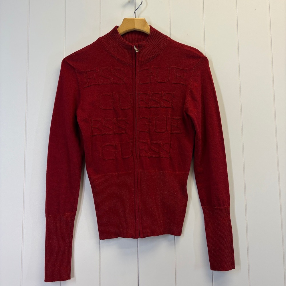 Guess Y2K Metallic Full Zip Up Sweater Women Medium Streetwear Holiday Festive